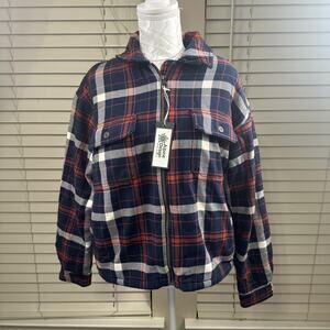 Alpine Design Shirt Jacket Womens SMALL Navy/Red Plaid Sherpa Lined Full Zip NEW
